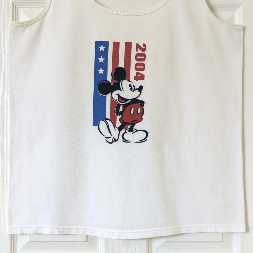 Disney 2004 Y2K Vintage American Flag Mickey Graphic Scoop Neck Tank Top White L - Picture 7 of 11